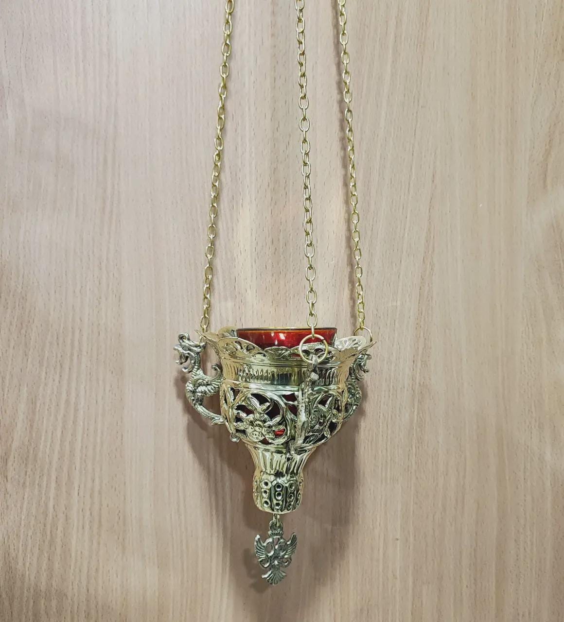 Hanging Vigil Lamp 7.3x4.9 in,, Greek Orthodox Lampada with 16.7 in Chain