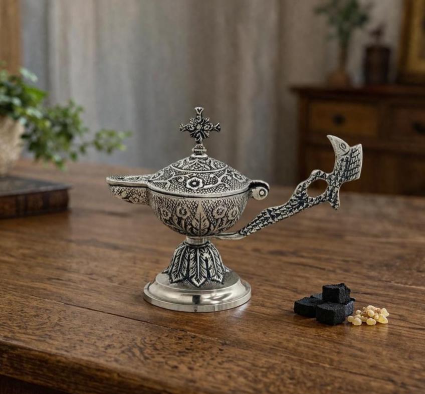 Orthodox Metal Incense Burner 6.3x5.1 in., Home Censer with Handle, Church Decor