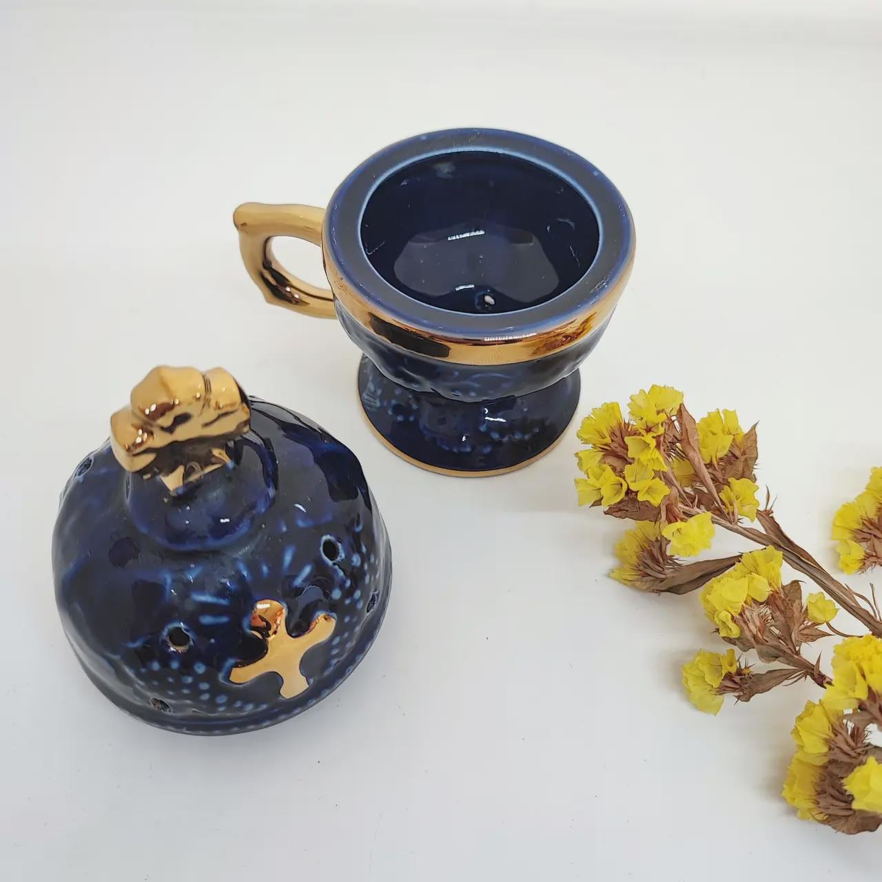 Orthodox Ceramic Incense Blue Burner with Cross 6.3 inches, Christian Incense Holder