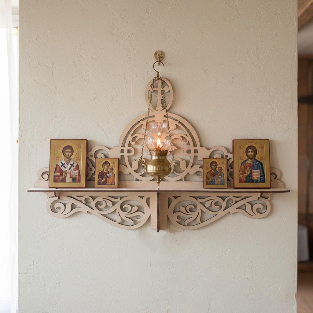 Wooden Icon Shelf, Orthodox Iconostasis, Prayer Corner Shelf, Christian Home Decor