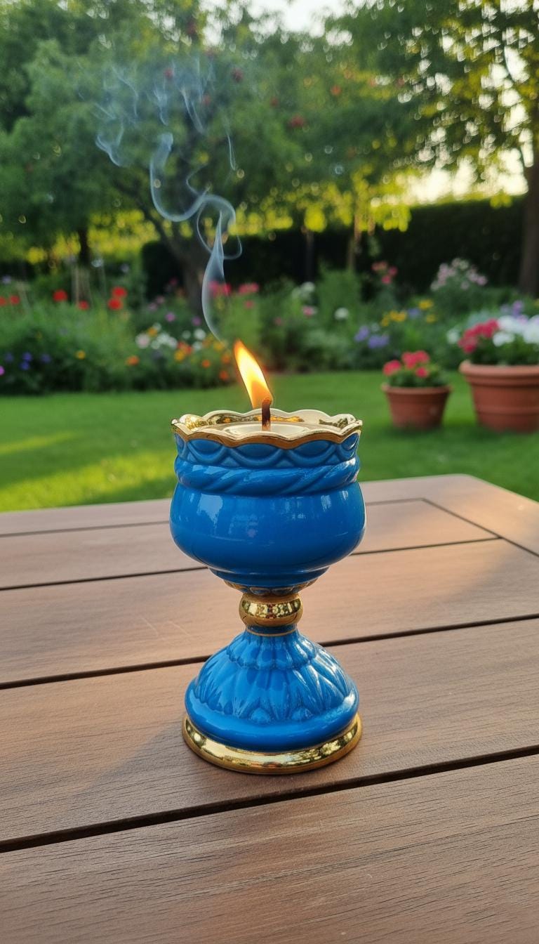 Ceramic Table Oil Lamp 5.5in Blue. Set includes: Lamp body, glass insert, float, 10 wicks