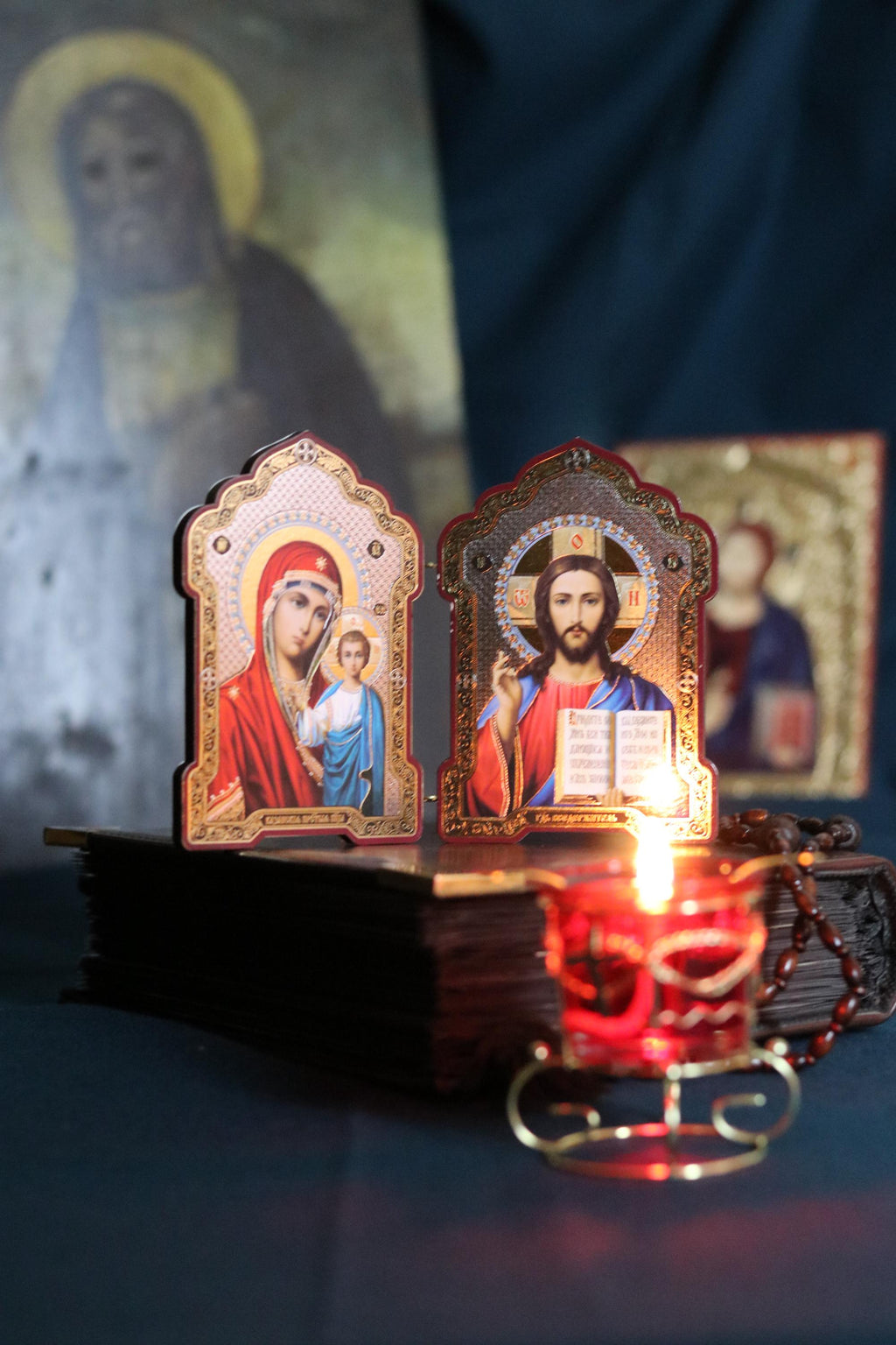 Wooden Orthodox Folding Icon 5.1in, Virgin Mary And Jesus Christ, Large Travel Diptych