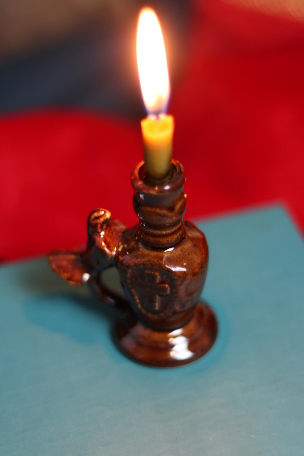 Ceramic Candle Holder with Dove and Cross Relief – Handmade Religious Pottery – 7cm Brown Glazed
