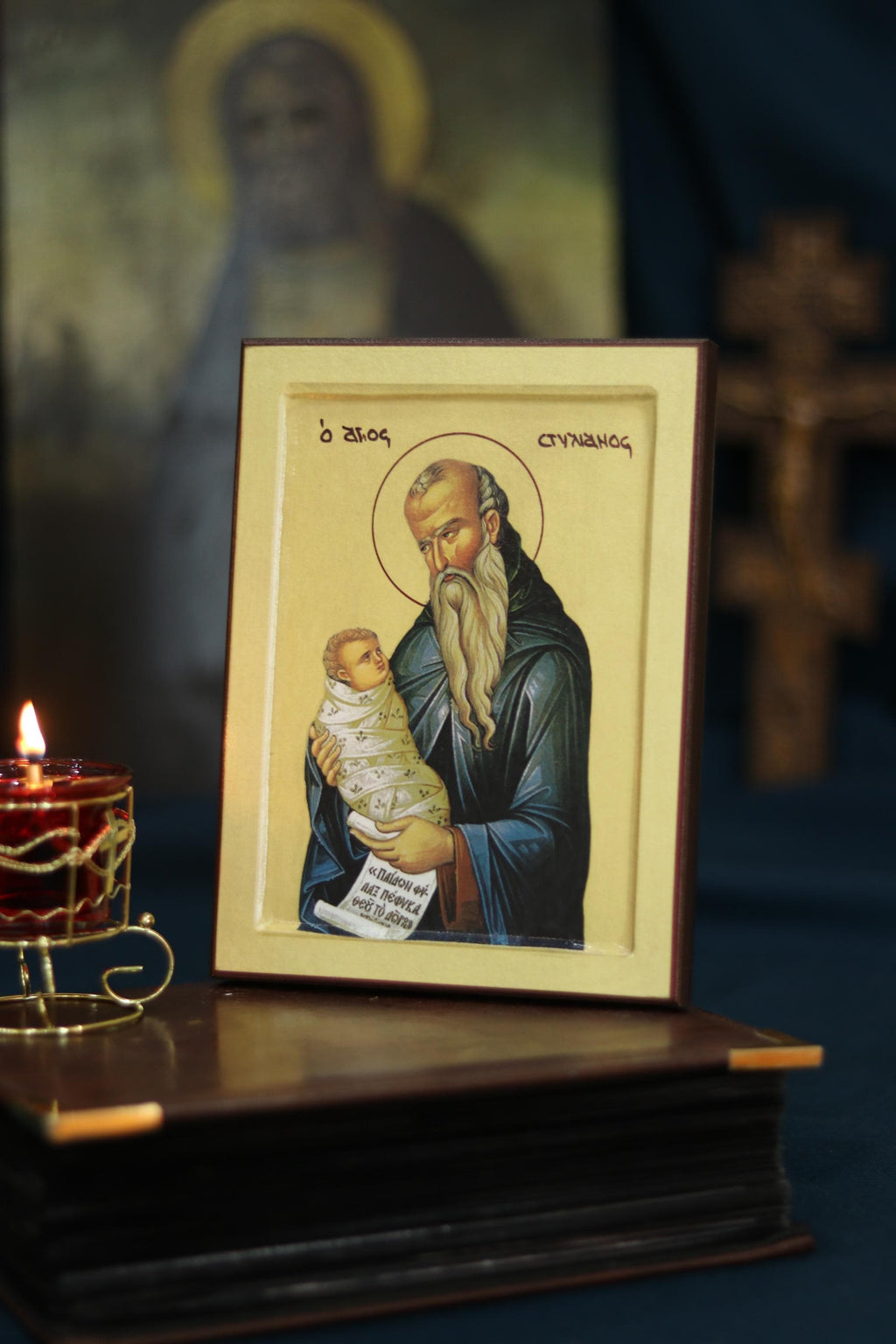 Saint Stylianos Orthodox Icon, Patron Saint of Children, Wooden Christian Wall