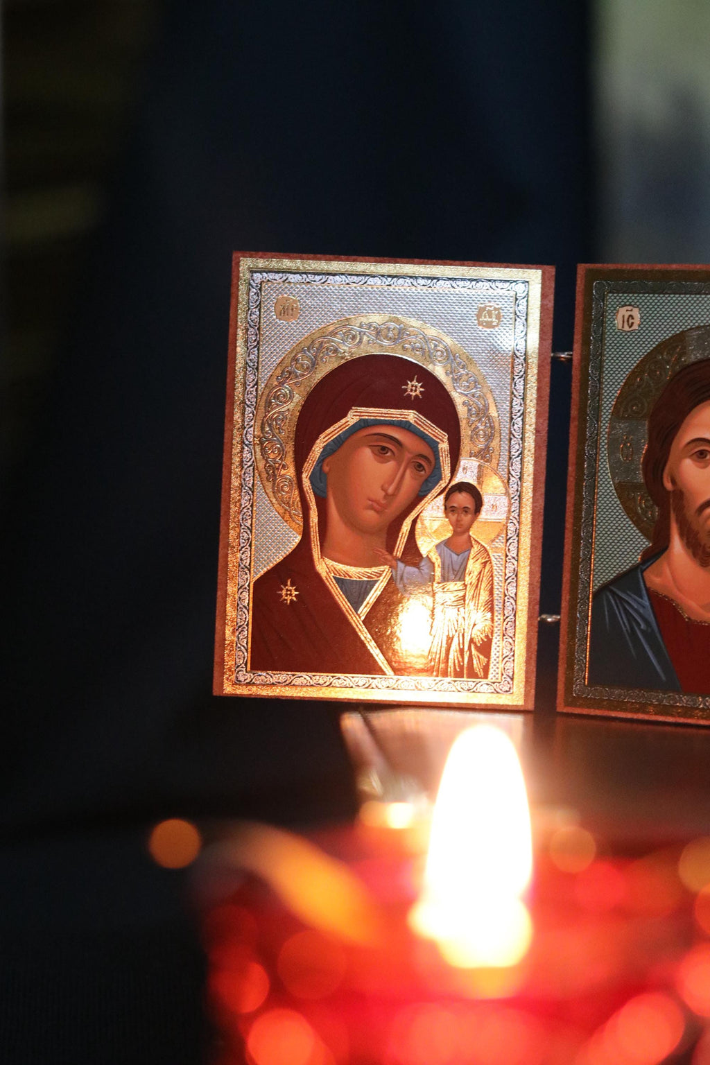 Wooden Orthodox Triptych Icon 3.5in, Virgin Mary Jesus And Saint Nicholas, Folding Travel Icon